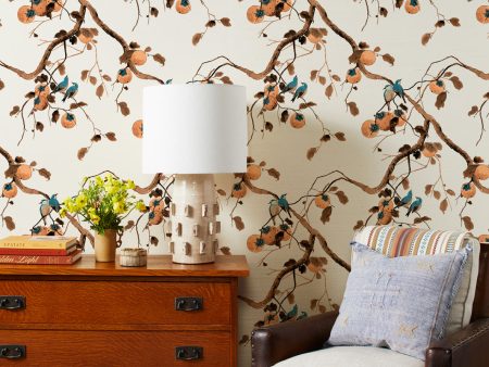 Persimmon Birds  Grasscloth Wallpaper by Nathan Turner - Washed Sienna on Sale