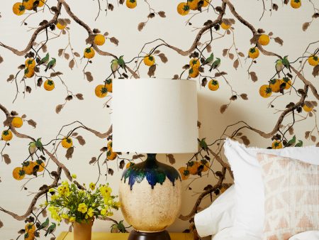 Persimmon Birds  Grasscloth Wallpaper by Nathan Turner - Mustard on Sale