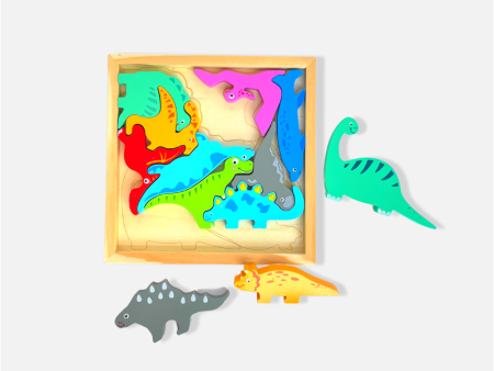 Dinosaur Puzzle - Wooden Square Tray With Different Dinosaur Blocks For Discount