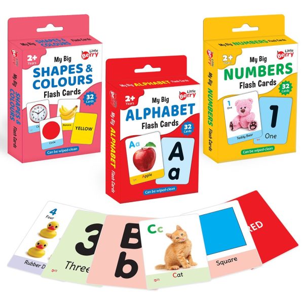 Big Flash Cards Alphabets, Numbers, Shapes and Colours (Set of 3) | 96 Cards Online Sale