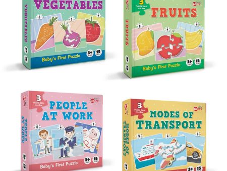 Baby’s First Jigsaw Puzzle Fruits, Vegetables, People At Work & Modes of Transport (Set of 4) | 60 Pieces Supply