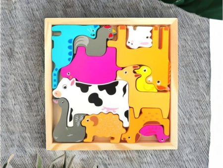 Domestic Animal Puzzle - Wooden Square Tray With Domestic Animal Blocks For Sale