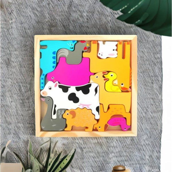 Domestic Animal Puzzle - Wooden Square Tray With Domestic Animal Blocks For Sale