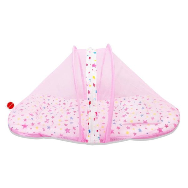 Baby Bed with Mosquito Net with Zip Closure & Neck Pillow (White & Pink) Online