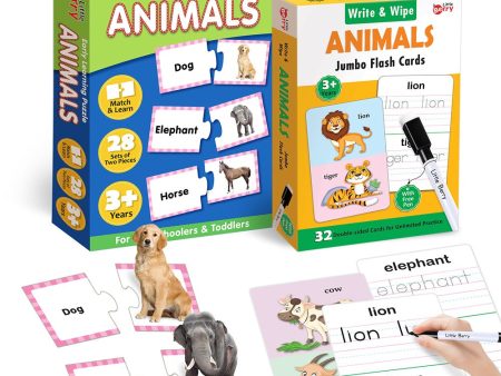 Animals Learning Puzzle (42 Pcs) & Flash Cards for Kids (32 Write & Wipe Cards) For Cheap