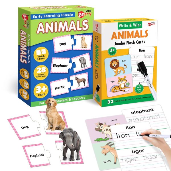 Animals Learning Puzzle (42 Pcs) & Flash Cards for Kids (32 Write & Wipe Cards) For Cheap