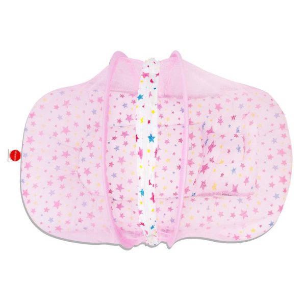 Baby Bed with Mosquito Net with Zip Closure & Neck Pillow (White & Pink) Online