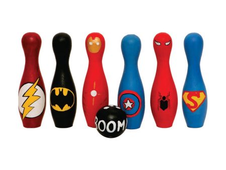 Handpainted Wooden Bowling Pins Toy Set I Superhero Theme on Sale