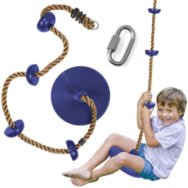 Platforms Disc Tree Swing Seat and Climbing Knot Rope with Carabiner Hook - Blue Sale