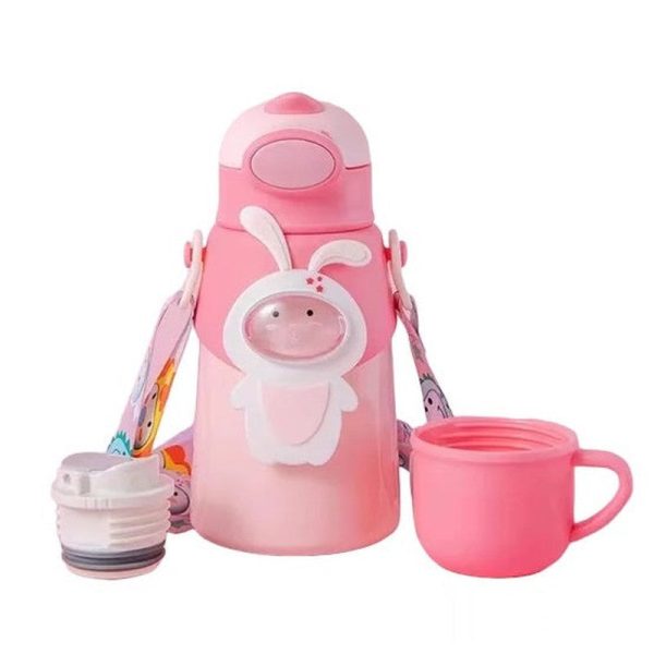 Bunny Themed Water Bottle with Lock Feature and Thermos Cup (500ml) | Pink Discount