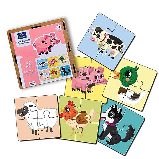 4 Piece Farm Animals Wooden Puzzle for Kids (Set of 6) on Sale