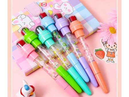 Pack of 2 Multi-functional 5 In 1 Ballpoint Blue Pen, Bubbler, Cartoon Seal Roller Stamp, LED Light Pen Funny School DIY Art Stationery Item-Birthday Return Gift (Random Color Will Be Send) Online Sale