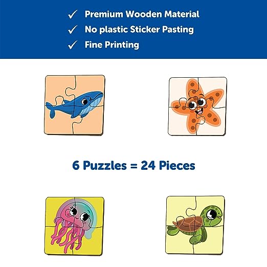 4 Piece Sea Animals Wooden Puzzle for Kids (Set of 6 ) Online Sale