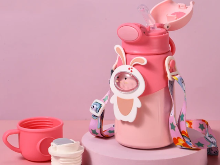 Bunny Themed Water Bottle with Lock Feature and Thermos Cup (500ml) | Pink Discount