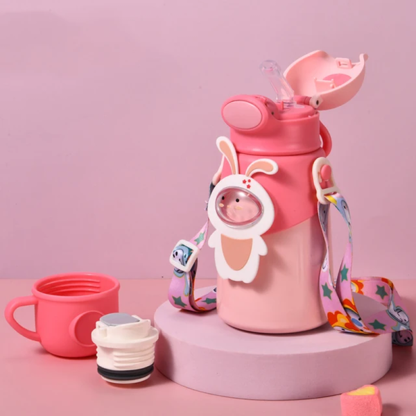 Bunny Themed Water Bottle with Lock Feature and Thermos Cup (500ml) | Pink Discount