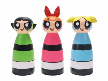 Handcrafted & Multicolored Wooden Power Girls Set Of 3 on Sale